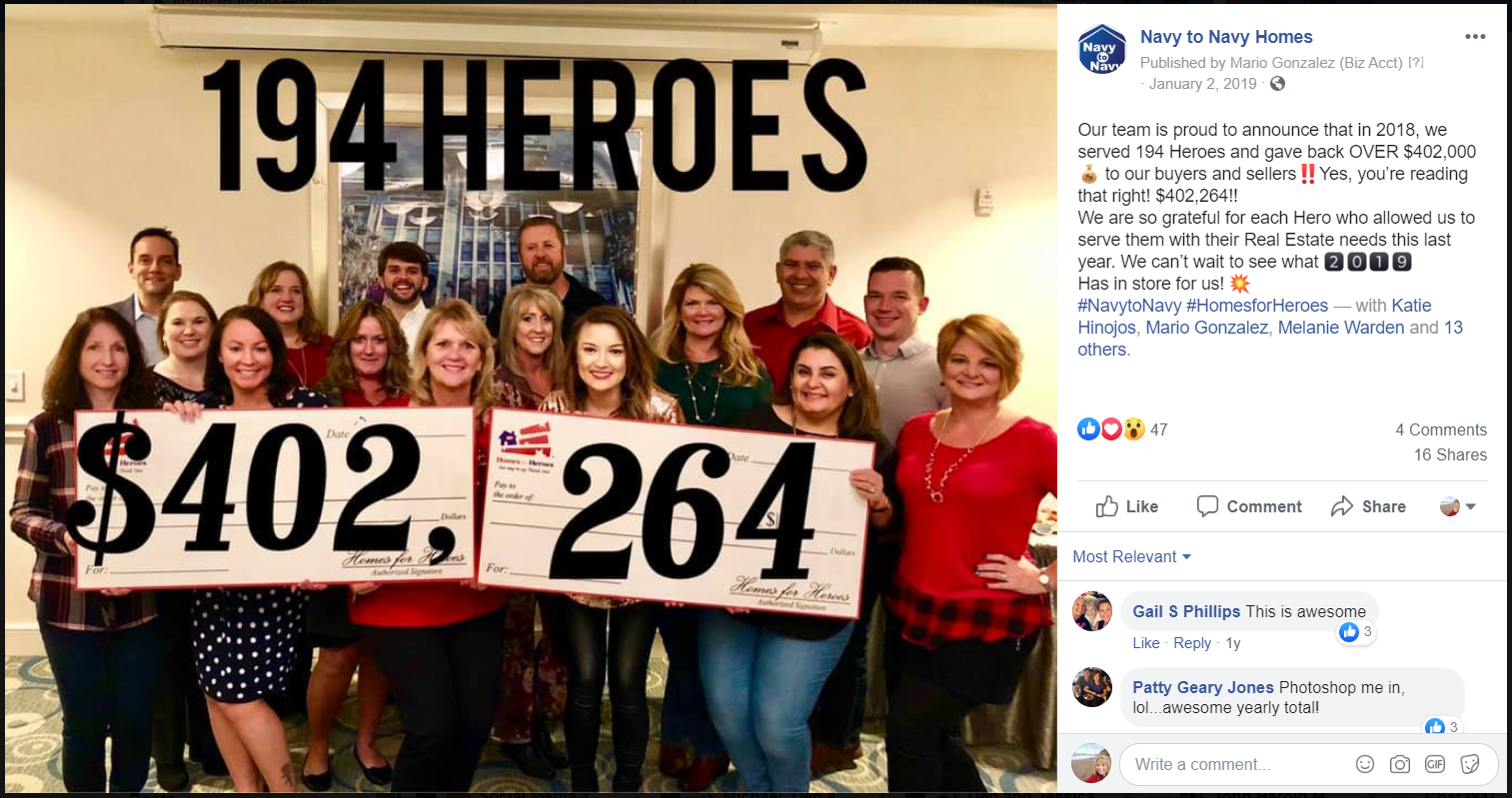 2018 Facebook Post - Jacksonville Homes For Heroes Rewards